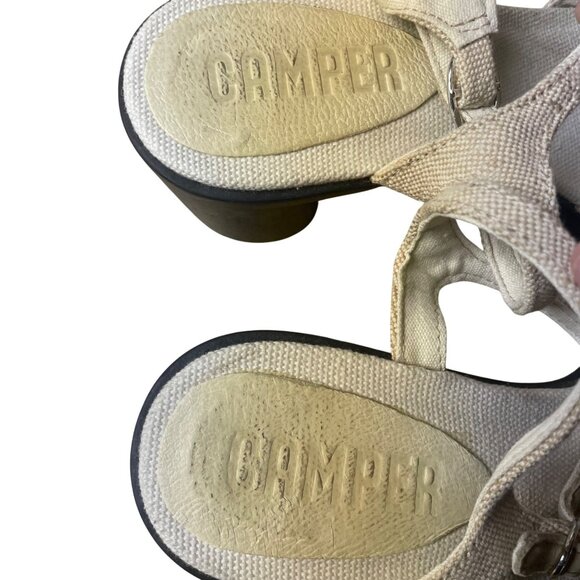 Camper Meda Heeled Sandal Tan Cream Sz 37 (EU) Fabric Adjustable Ankle Strap - Picture 6 of 8